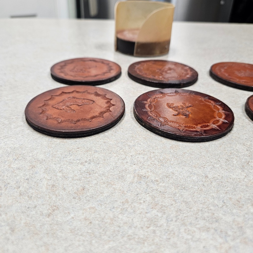 Handmade Leather Coaster‎ Set 9pc Brown Wildlife Embossed Rustic Cabin Lodge - Picture 6 of 8
